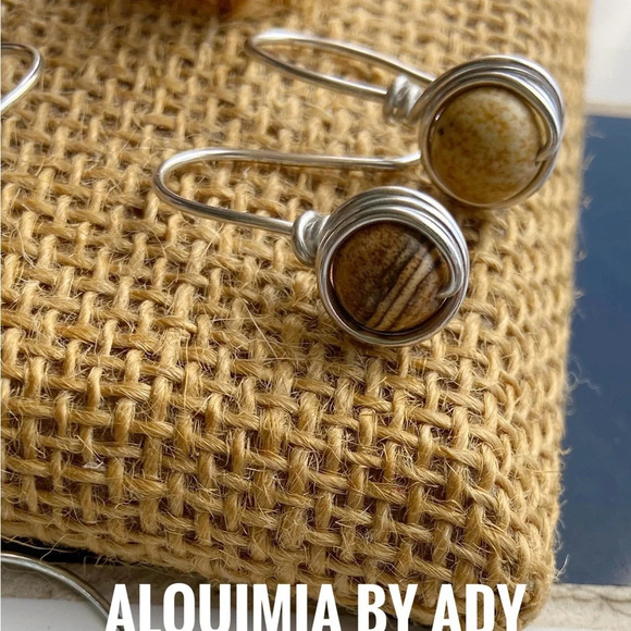 Handmade statement silver and picture Jasper drop earrings wire wrap - Picture 1 of 6